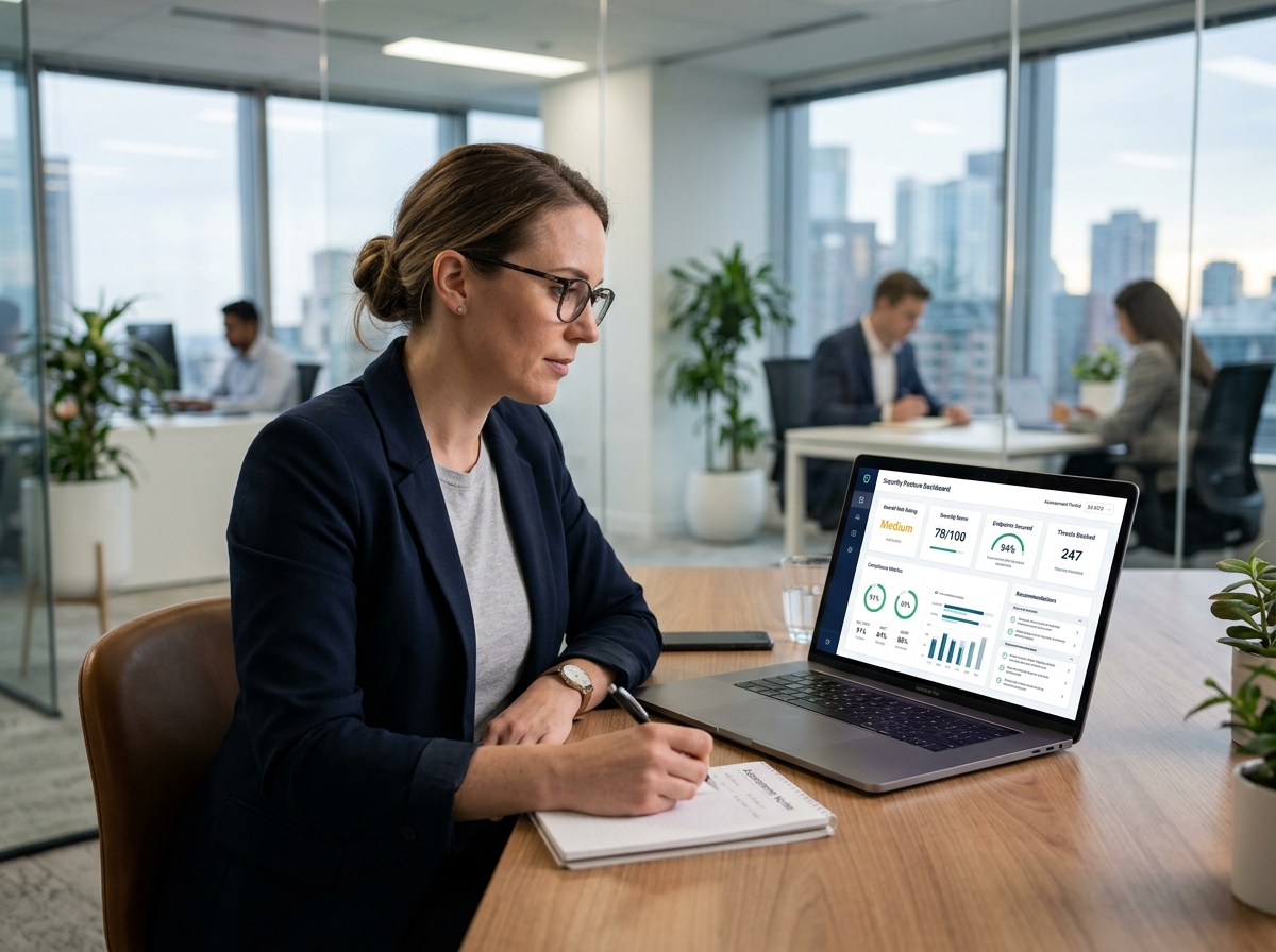Security consultant reviewing a live security posture dashboard