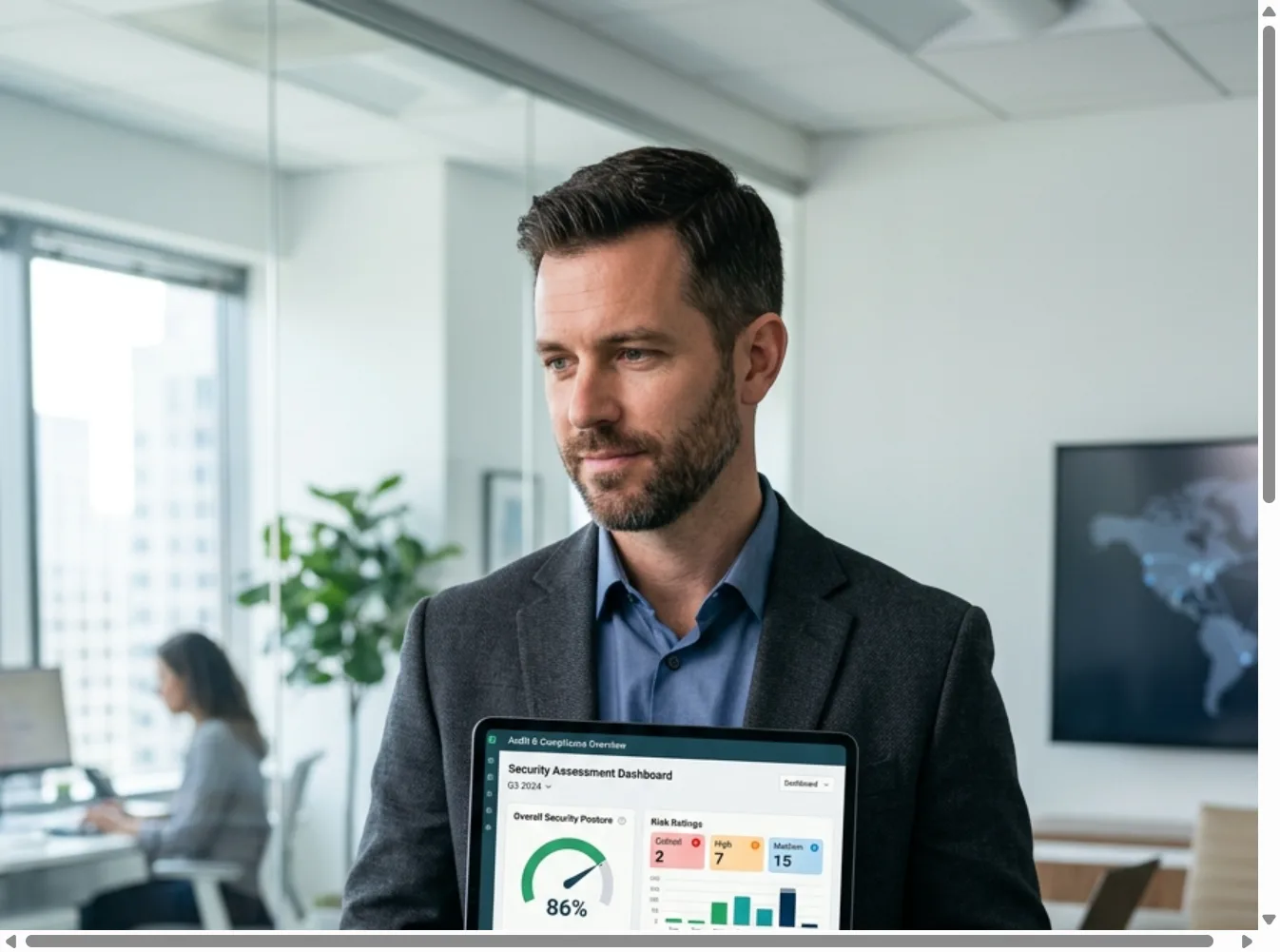 Security consultant reviewing an assessment dashboard with compliance metrics