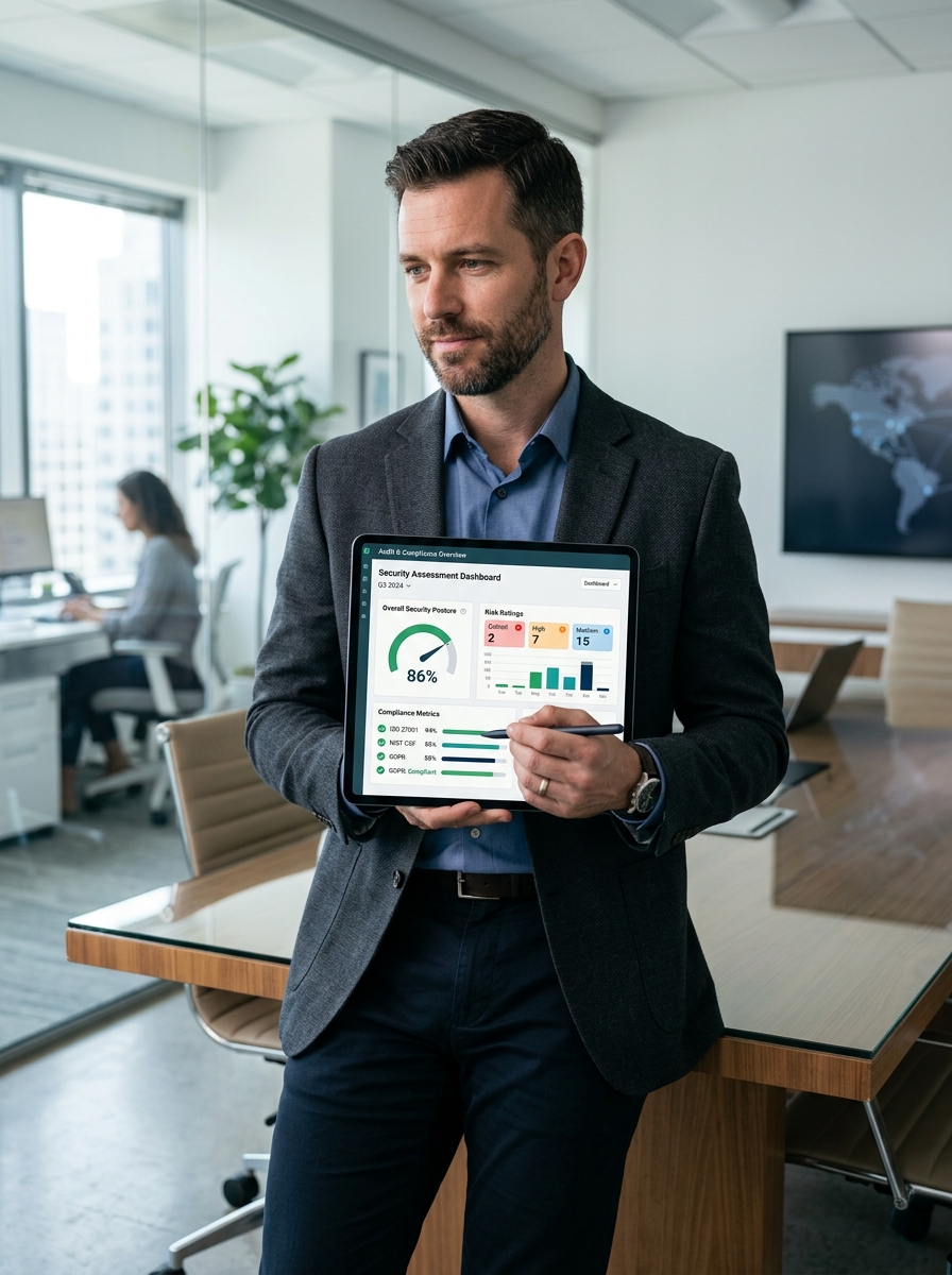 Security consultant reviewing an assessment dashboard with compliance metrics